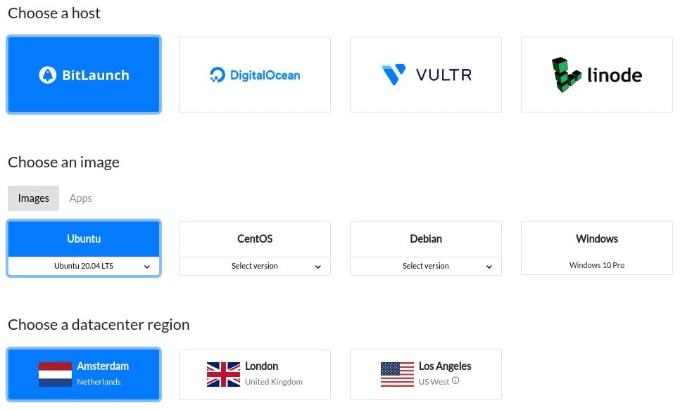 BitLaunch choose host