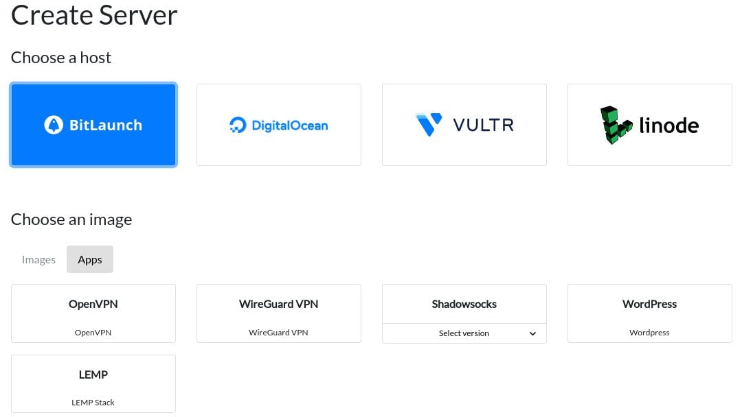 BitLaunch create server