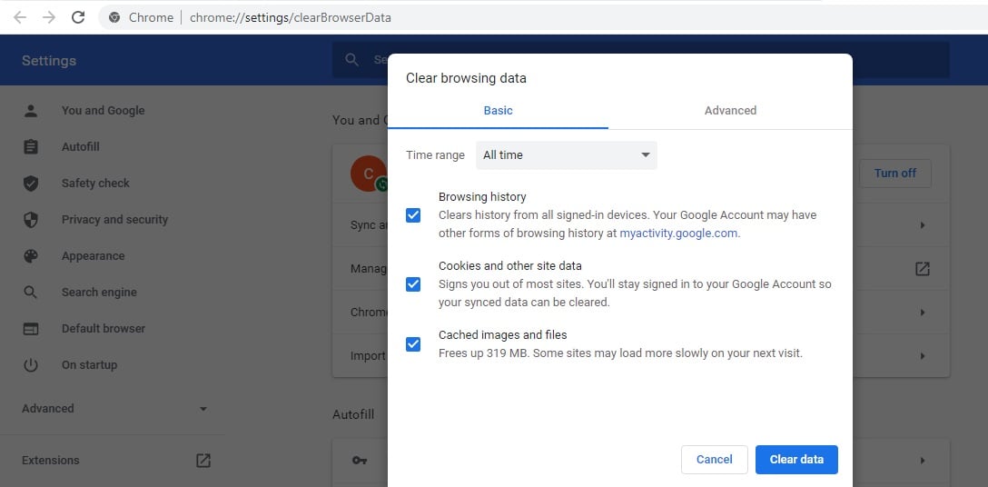 clearing browsing data