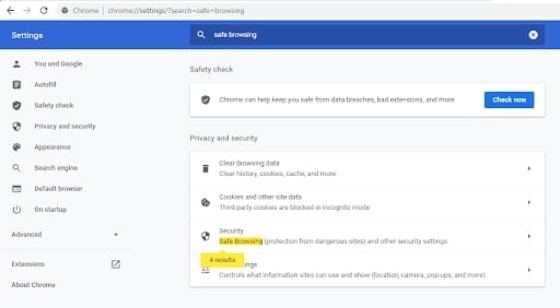 type safe browsing in Search bar of settings