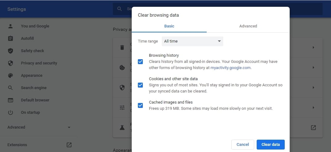 clear browsing data