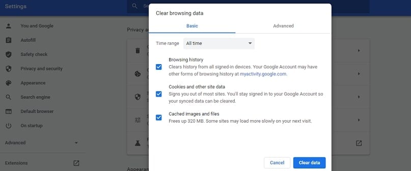 ssl clear browsing data and cookies