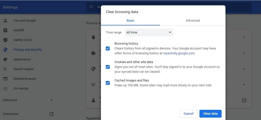 clear browsing data