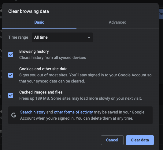 ERR_CONNECTION_TIMED_OUT: Clear Browsing Data Settings